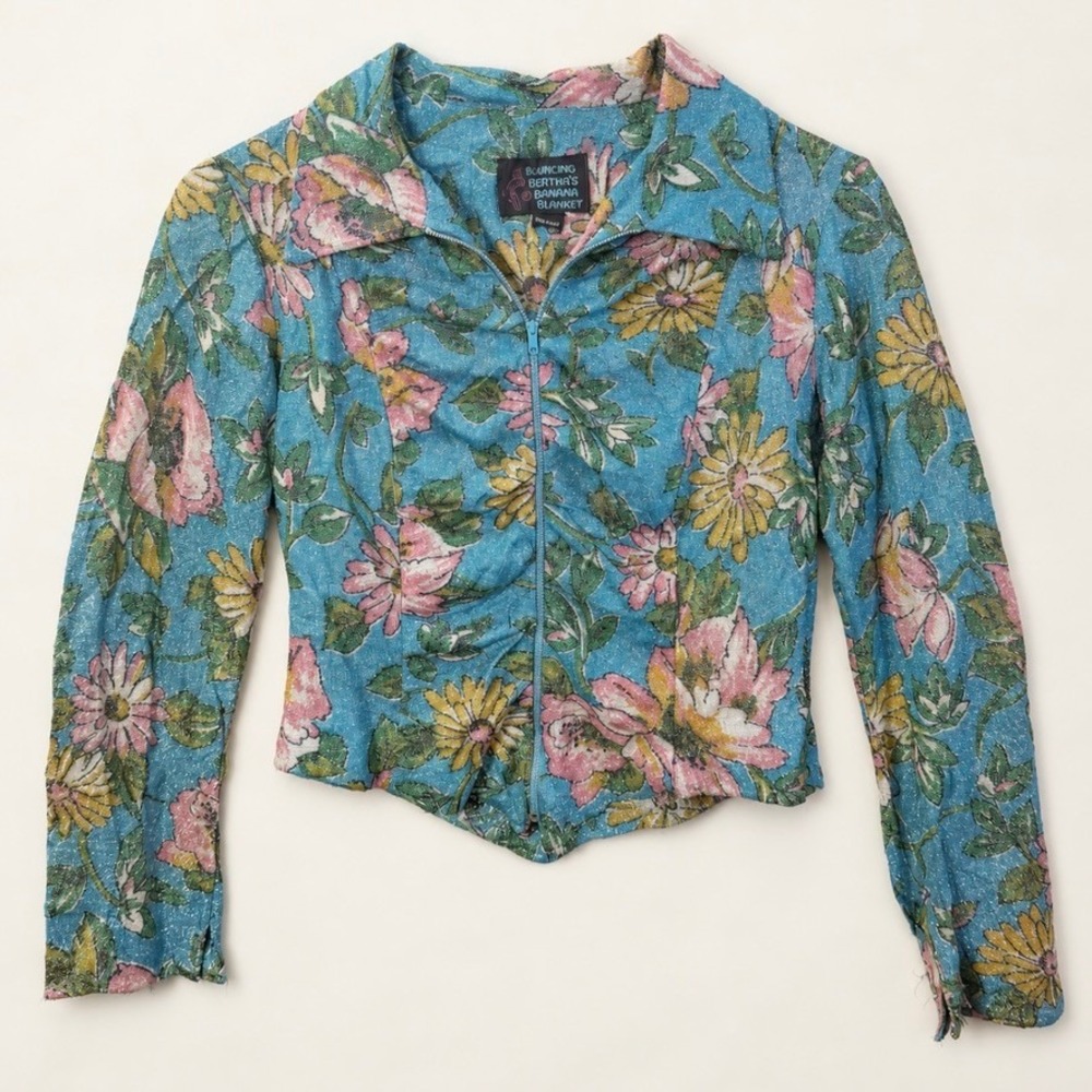 70s Disco Glam Metallic FloralVintage Zip Jacket Bouncing Bertha Blue Pink Sz 9 - Picture 2 of 13